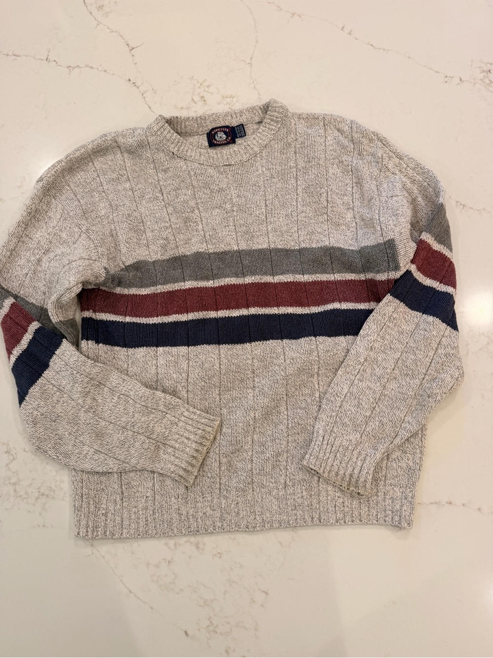 Vintage 90s Aspetuck Trading Co Knit Sweater M XL Oatmeal Stripe Grandpa Grunge